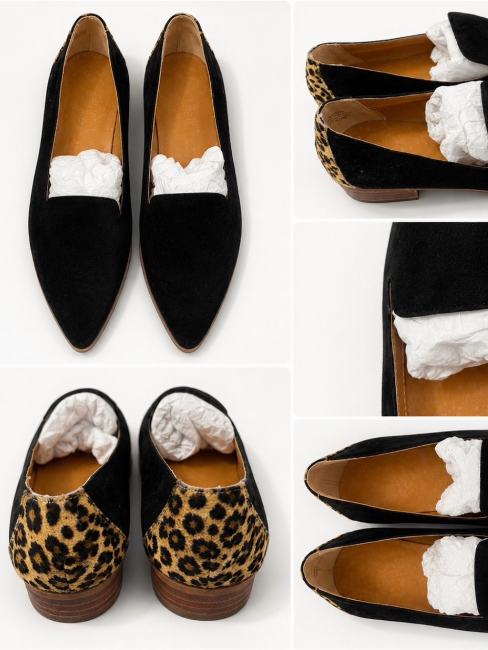 crown & ivy Black Suede Pointed-Toe Loafers with Leopard Heel